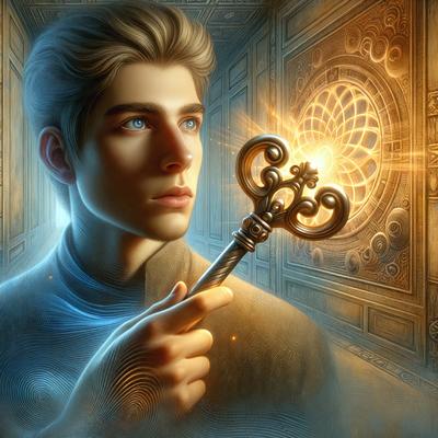 The primary subject of the image is a man holding a key. The setting is a room with a door, and the visual style is digital art. The man is wearing a blue shirt and has a blue hue to his skin. The colors and mood of the image are predominantly blue, creating a calm and serene atmosphere.
